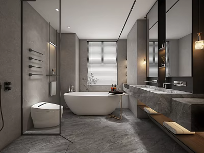 Modern Bathroom Interior Design With Gray Tones Bathtub Toilet Marble Vanity And Mirror 3d model