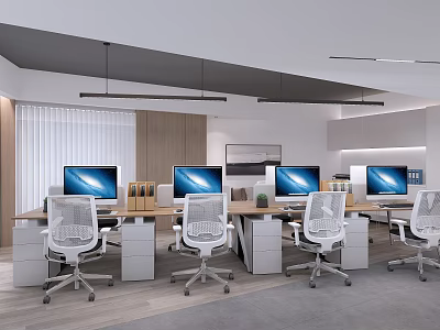 Modern Public Office Interior With Desks Computer Monitors Ergonomic Chairs And Pendant Lighting 3d model