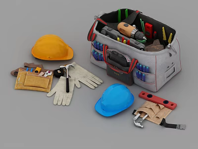 Essential Hardware Tools Set With Tool Bag Hard Hats Gloves And Tool Belt 3d model
