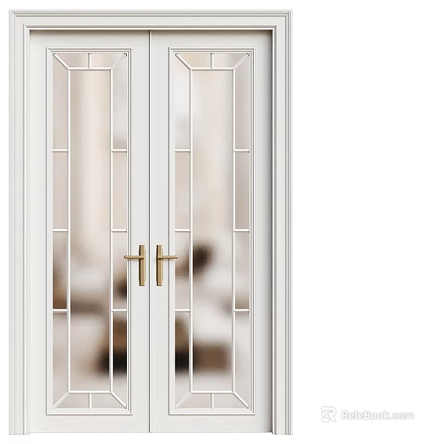 White Double Doors With Glass Panels And Golden Handles Decorative Grid 3d model 
