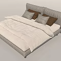 Double Bed With Gray Plaid Frame White Comforter And Checkered Pillows 3d model