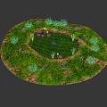 Circular Garden Pond With Green Grass White Flowers And Lotus Leaves