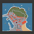 Cartoon Island Scene With Colorful Houses Boats Sandy Beach And Blue Ocean