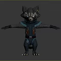 Raccoon Character 3D Model in Blue Outfit With Red Vest and Outstretched Arms