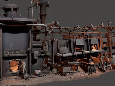 Vintage Industrial Style Kitchen Appliances With Rusted Pipes Multiple Stoves And Burning Flames 3d model