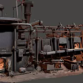 Vintage Industrial Style Kitchen Appliances With Rusted Pipes Multiple Stoves And Burning Flames