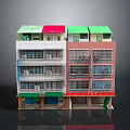 Multi Story Residential Commercial Building Model Featuring Colorful Roofs Different Facades And Ground Floor Shops