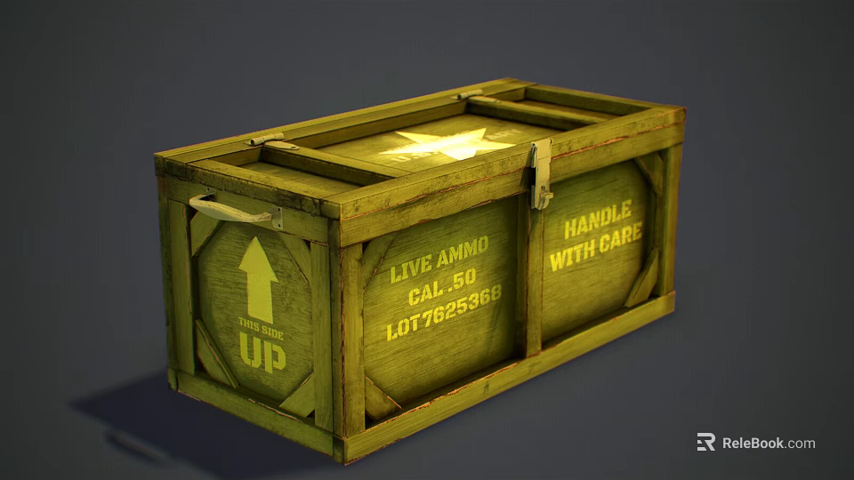 Vintage Wooden Crate Featuring Live Ammo Cal 50 Label Handle With Care and Up Arrow 3d model 