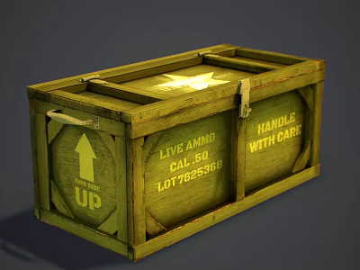 Vintage Wooden Crate Featuring Live Ammo Cal 50 Label Handle With Care and Up Arrow 3d model