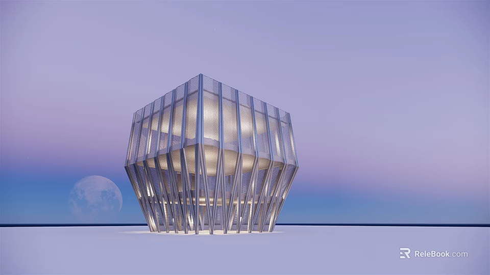 Modern Commercial Complex with Geometric Glass Facade Illuminated at Twilight with Moon in Background 3d model 