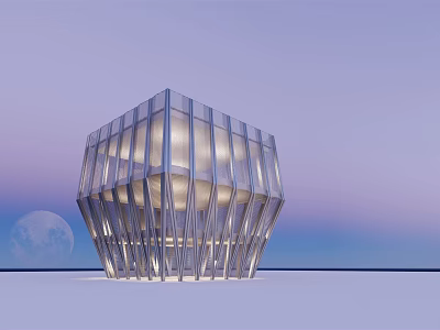 Modern Commercial Complex with Geometric Glass Facade Illuminated at Twilight with Moon in Background 3d model