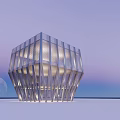 Modern Commercial Complex with Geometric Glass Facade Illuminated at Twilight with Moon in Background