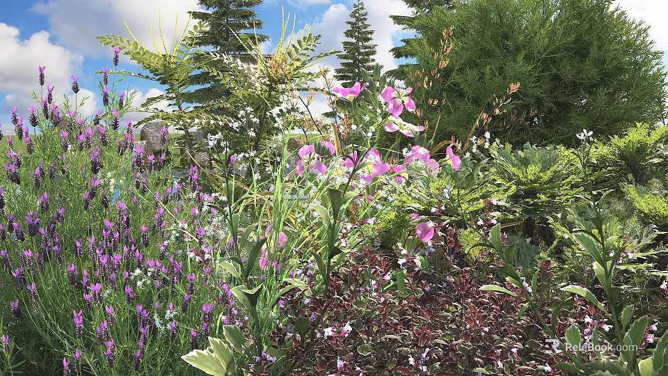 Lush Green Shrubs With Purple And Pink Flowers In Natural Garden Landscape 3d model 