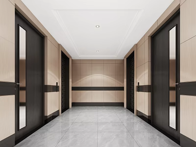 Modern Elevator Hallway Design With Wooden Panel Walls And Marble Floor Lighting 3d model