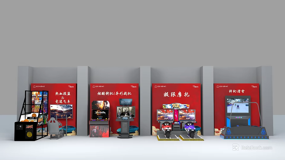 Interactive Entertainment Zone With Red Background Multiple Display Units And Racing Simulators 3d model