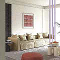 Elegant Striped Upholstered Three Seater Sofa With Soft Matching Cushions For Bright Modern Living Room