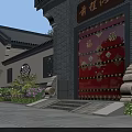 Traditional Chinese Detached Villa with Black Roof White Walls Hexagonal Fan Windows Red Door Greenery