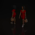 Stylish Black Woman In Red Dress With Beige Handbag And White Sneakers