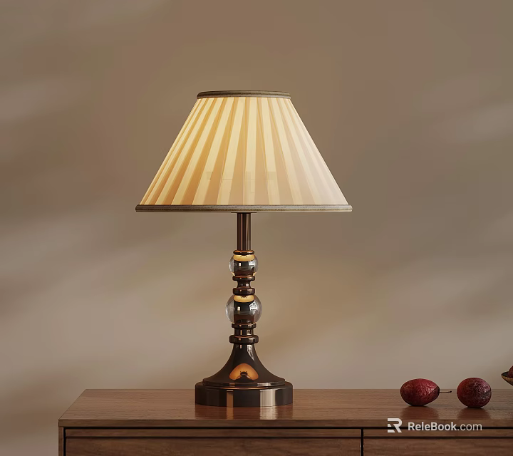 Classic Table Lamp With Striped Lampshade And Metal Base On Wooden Table 3d model 