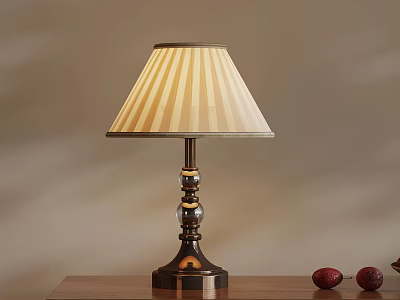 Classic Table Lamp With Striped Lampshade And Metal Base On Wooden Table 3d model