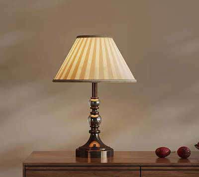 Classic Table Lamp With Striped Lampshade And Metal Base On Wooden Table 3d model