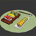 Fresh Sushi Rolls on Green Mat with Wooden Tray White Plate and Red Chopsticks