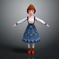 Traditional Outfit Girl With Red Hair Green Headdress White Top Blue Skirt Red Boots