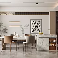 Modern Restaurant Interior Design With Marble Countertop Dining Table Chairs Artwork And Plants 3d model