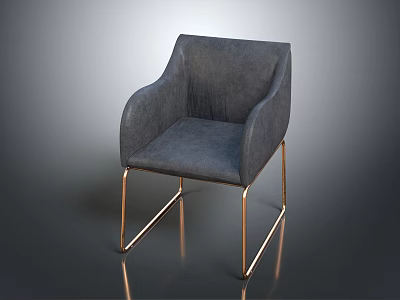Modern Gray Upholstered Accent Chair with Armrests and Gold Metal Legs on Reflective Surface 3d model