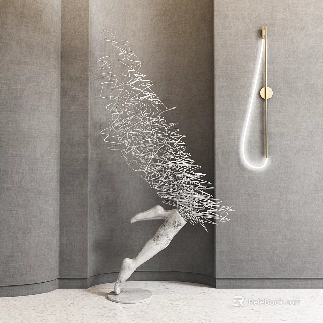 Wing Shaped White Line Sculpture with Illuminated Golden Fixture against Grey Wall Background 3d model 