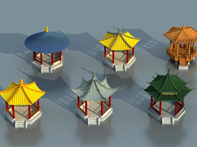 Traditional Chinese Pavilions With Colorful Roofs Different Styles And Red Pillars White Bases 3d model