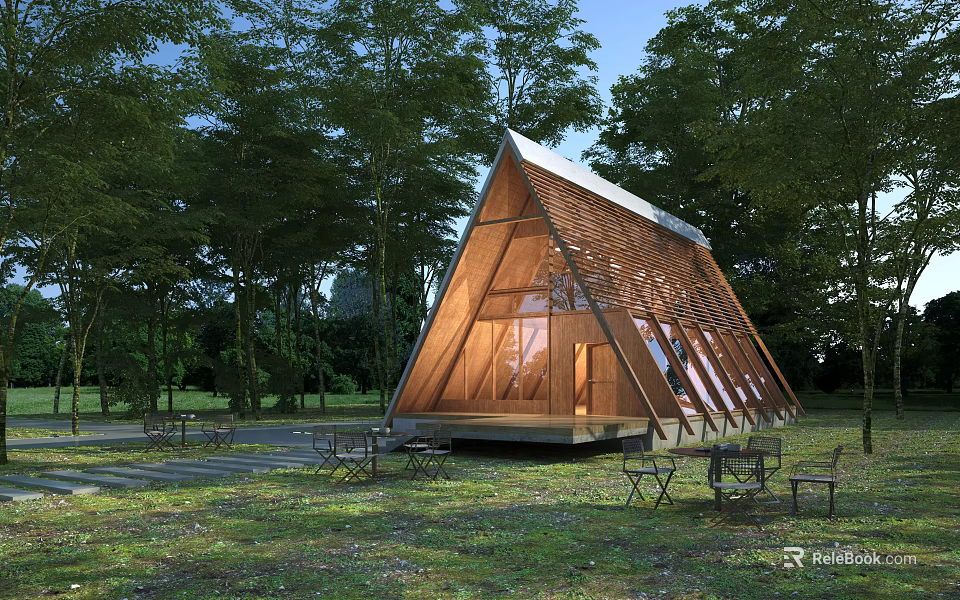 A Frame Wooden House In Forest With Outdoor Tables Green Grass And Trees 3d model 