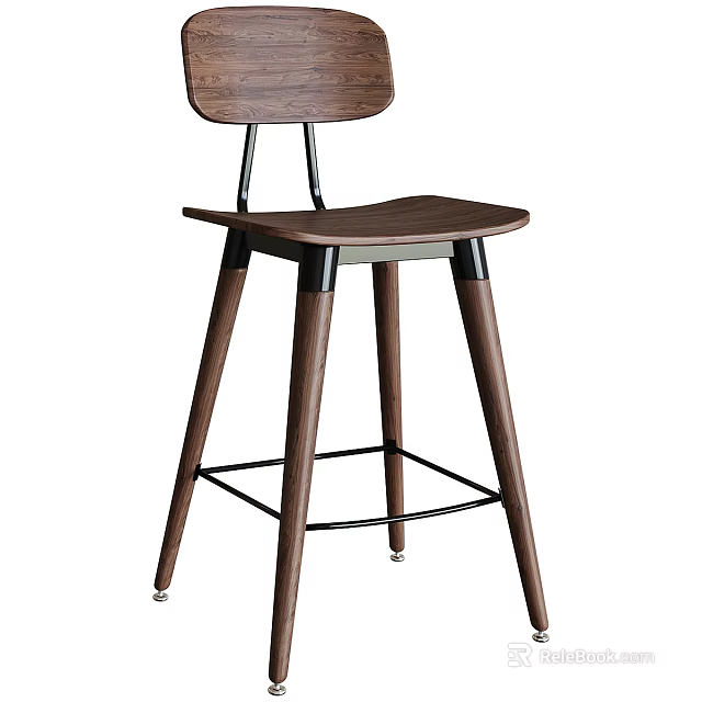 Modern Wooden Bar Stool With Curved Backrest And Solid Wood Legs 3d model 