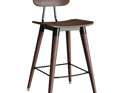 Modern Wooden Bar Stool With Curved Backrest And Solid Wood Legs 3d model
