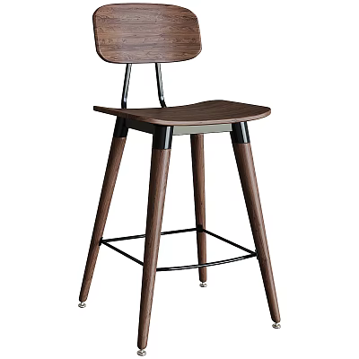 Modern Wooden Bar Stool With Curved Backrest And Solid Wood Legs 3d model