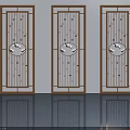 Three Modern Swing Doors With Golden Lattice Frames And Circular Decorative Elements 3d model