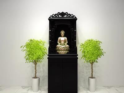 Black Buddhist Shrine Cabinet With Carved Design Golden Buddha And Green Plants In White Pots 3d model