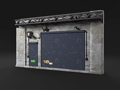 Industrial Roll Up Door Structure with Concrete Wall Metal Frame and Green Signage 3d model