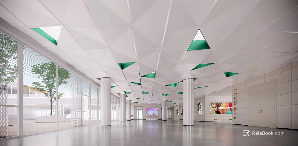 Modern Hotel Lobby With Geometric White Ceiling Green Accents Spacious Interior And White Pillars 3d model 