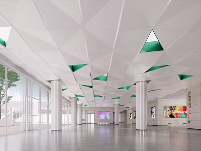 Modern Hotel Lobby With Geometric White Ceiling Green Accents Spacious Interior And White Pillars 3d model