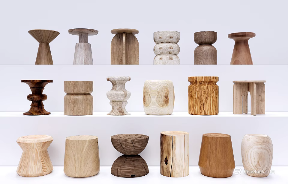 Various Modern Wooden Side Tables With Unique Shapes And Natural Wood Textures 3d model 