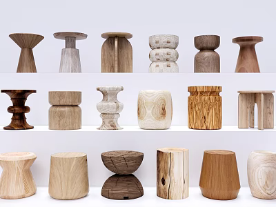 Various Modern Wooden Side Tables With Unique Shapes And Natural Wood Textures 3d model