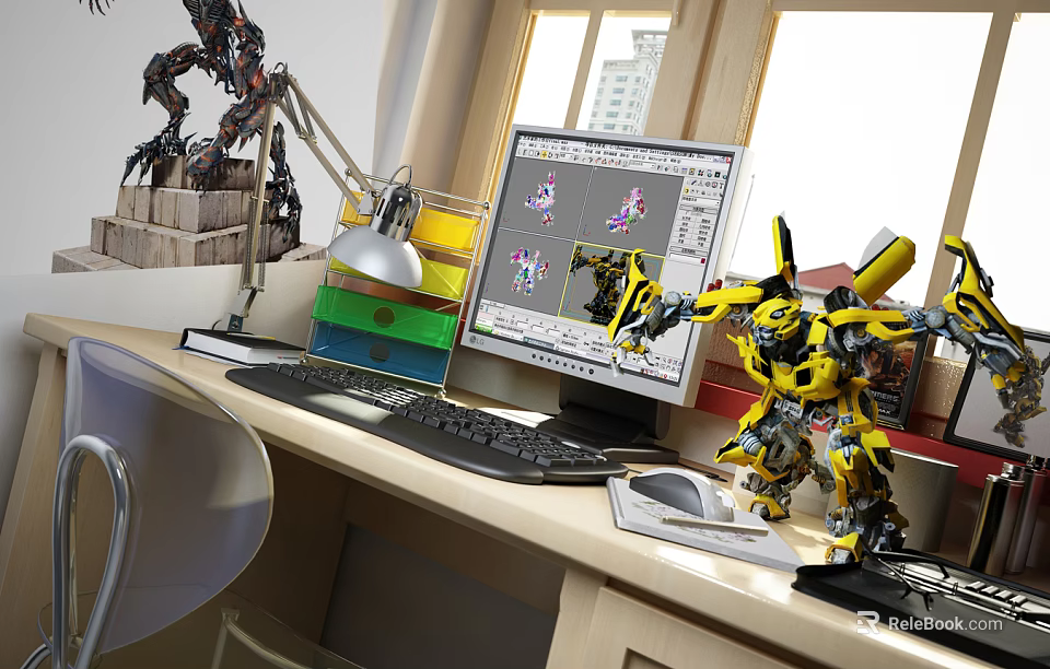 Computer Monitor Displaying Robot Models On Desk With Toy Figures And Workspace Setup 3d model 