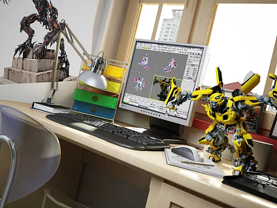 Computer Monitor Displaying Robot Models On Desk With Toy Figures And Workspace Setup 3d model