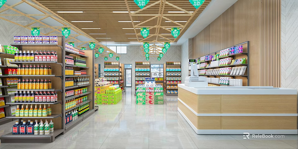 Spacious Supermarket Interior With Shelves Stocked Full Of Grocery Products Promotion Signs And Checkout Counter 3d model 
