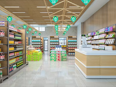 Spacious Supermarket Interior With Shelves Stocked Full Of Grocery Products Promotion Signs And Checkout Counter 3d model