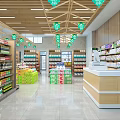Spacious Supermarket Interior With Shelves Stocked Full Of Grocery Products Promotion Signs And Checkout Counter