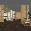 Modern Restaurant Interior Featuring Wooden Decor Palm Trees Large Windows And Cozy Dining Tables