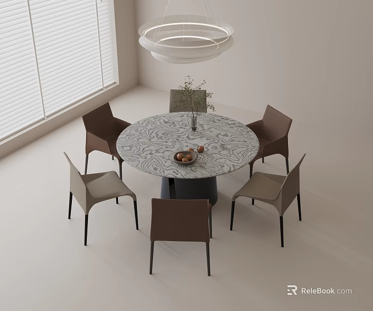 Stylish Modern Dining Table Set with Round Marble Top and Five Chairs Under Ceiling Light 3d model