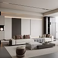 Modern Living Room With Light Sofa Throw Pillows Marble Coffee Table Large Windows Area Rug